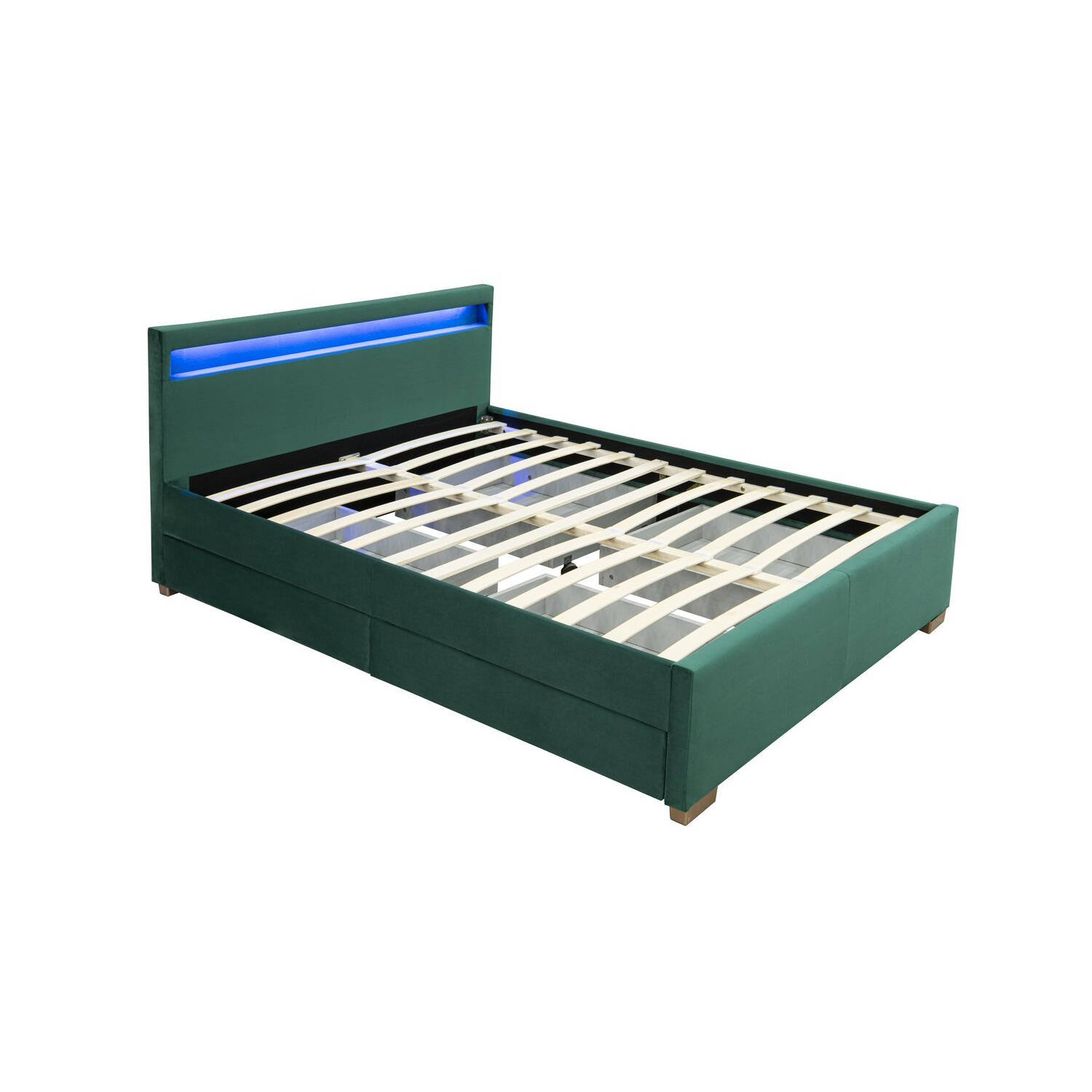 Estructura de cama de terciopelo verde con almacenamiento y led integrados 140x190 enfield
