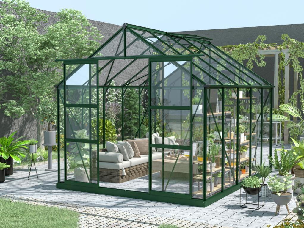 Serre de jardin en verre trempé 4 mm verte avec kit d'ancrage 7,5 m²