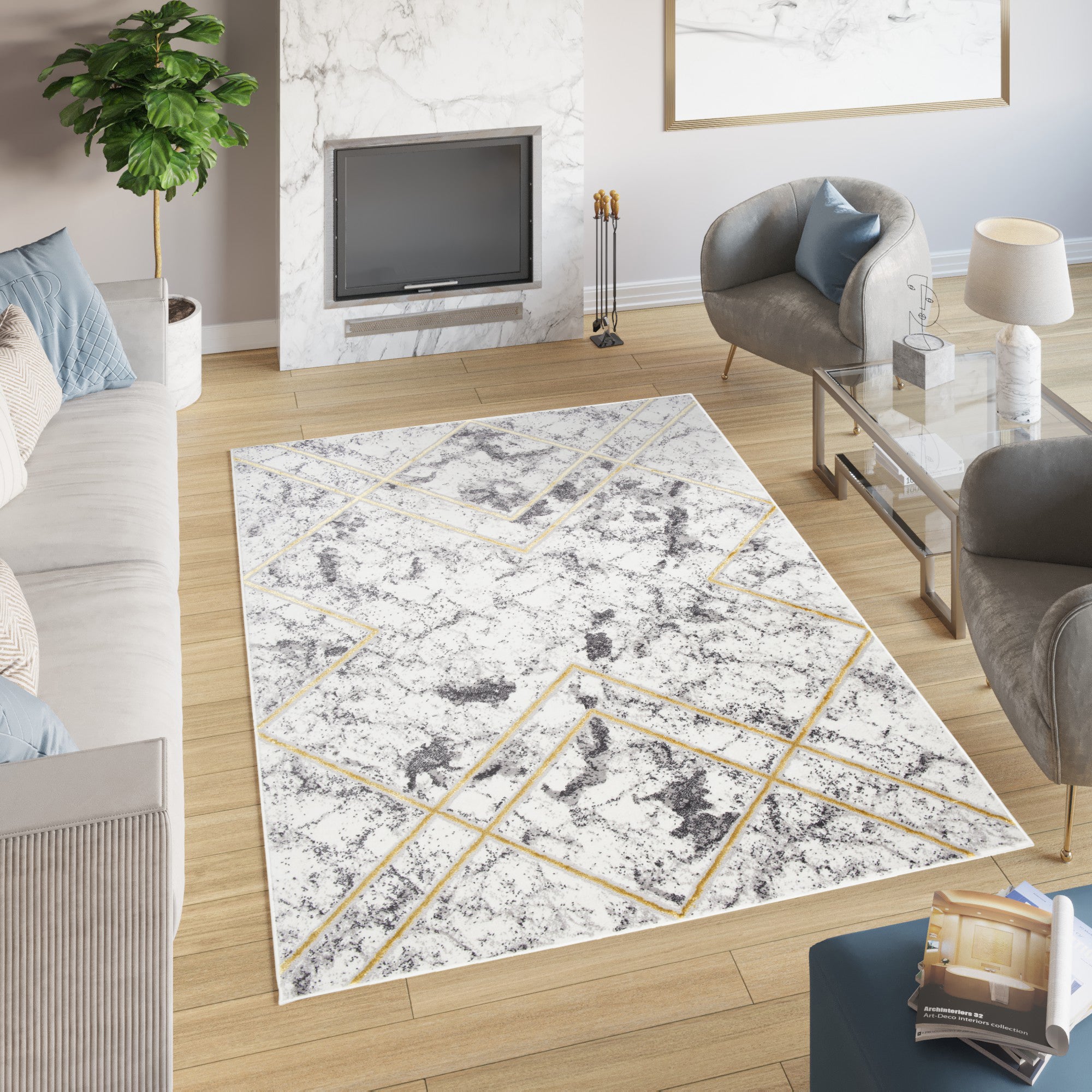 Tapiso shine alfombra para salón dormitorio moderno oro antracita crema geométrico suave 250 x 350 cm