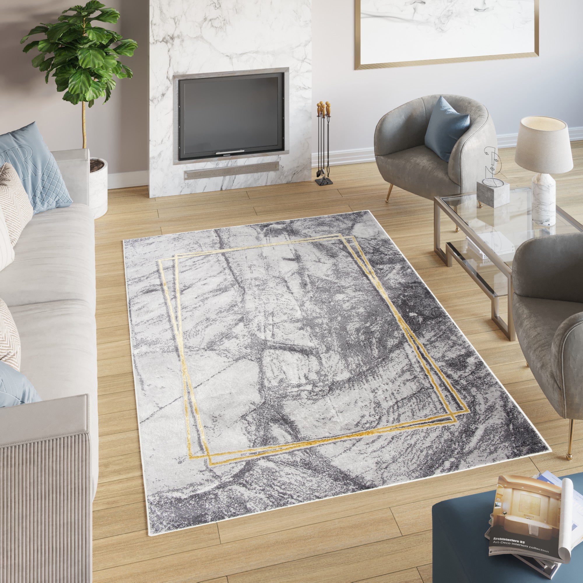 Tapiso shine alfombra para salón dormitorio juvenil moderno gris oro abstracto mármol suave 140 x 200 cm