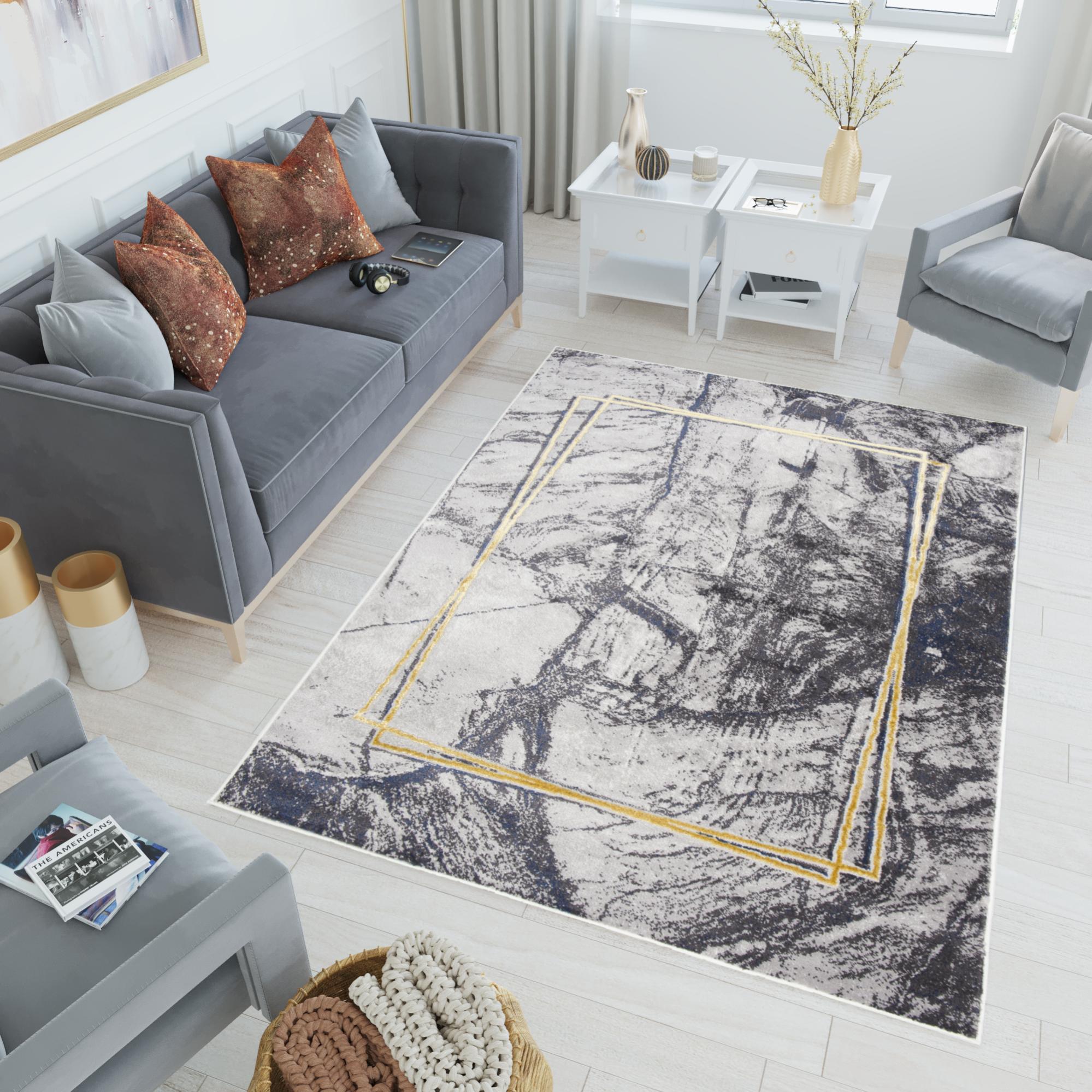 Tapis Rond En Flanelle – Diamètre 160 Cm – Dessin Marbré Aquarelle Bleu Marine – Antidérapant Pour Salon Ou Chambre