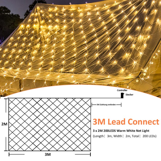 LED net lumière décoration rideau guirlande lumineuse éclairage 8 modes  IP44 fête de Noël extérieur intérieur Blanc chaud 2x2M