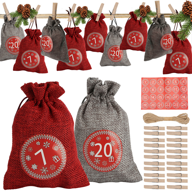 7PC Toile De Jute Chaussettes De Nou00ebl, Sacs Cadeaux, Du00e9corations D'arbres De Nou00ebl, Du00e9corations D