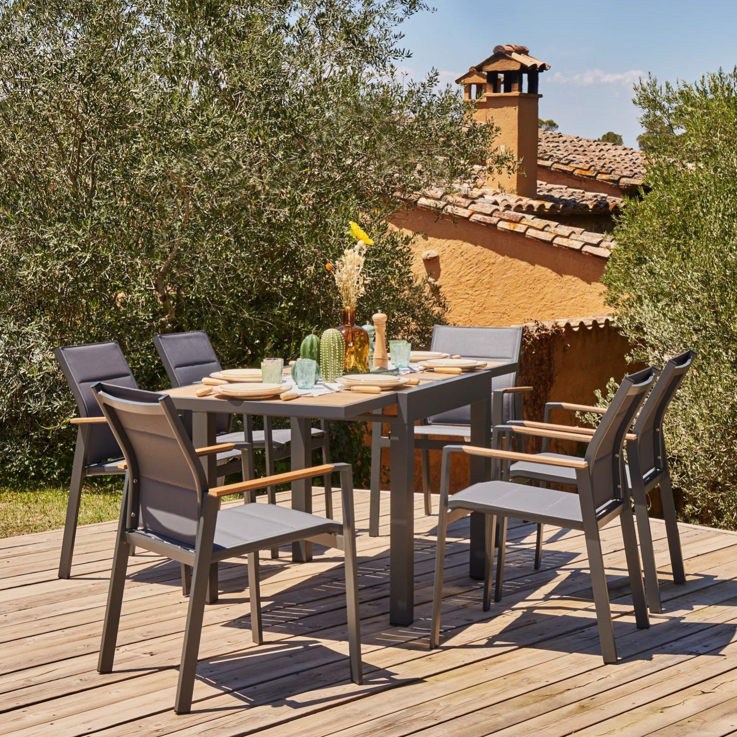 Conjunto mesa 160/80x80 cm y 4 sillas aluminio antracita Osaka | Leroy Merlin