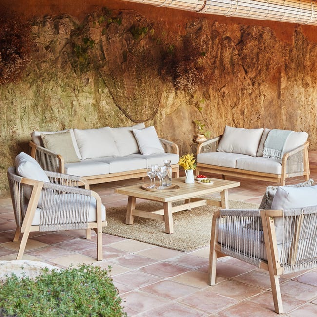 Salon de jardin table basse et 2 canapés en acacia et en corde tressée -  Riviera