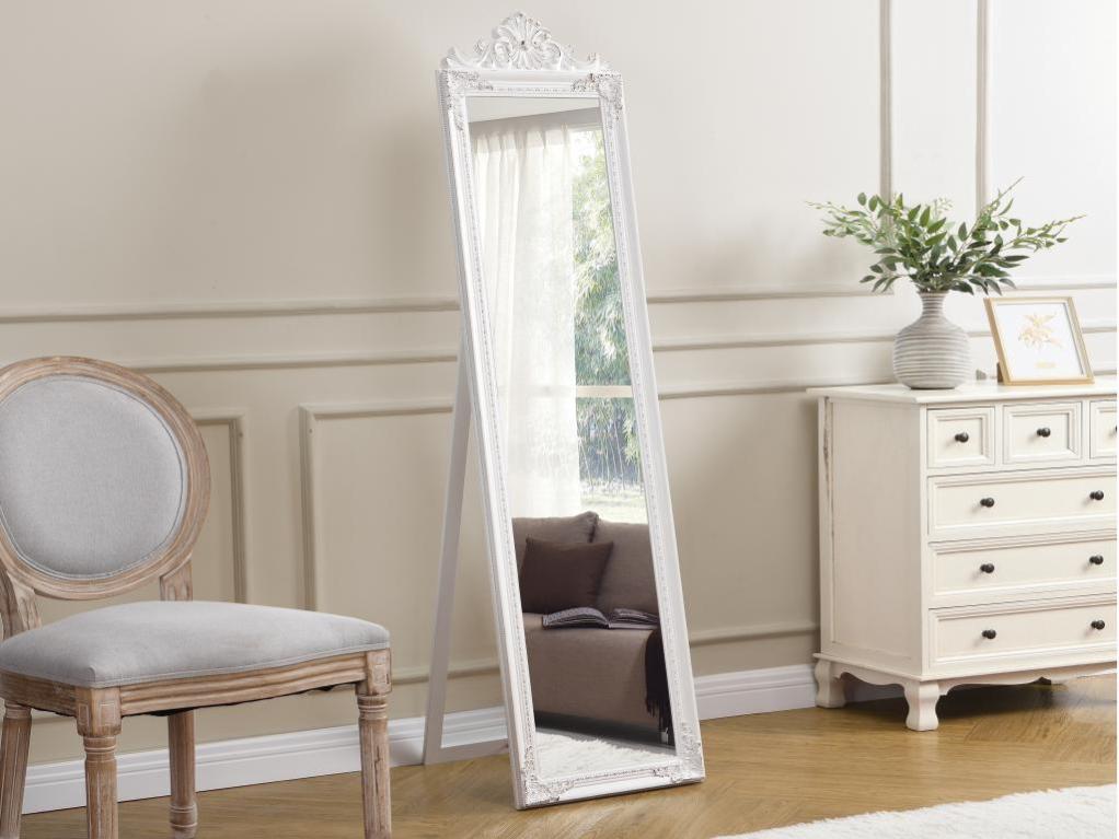 Miroir sur pied avec moulures en bois d'eucalyptus- H.170 cm - Blanc