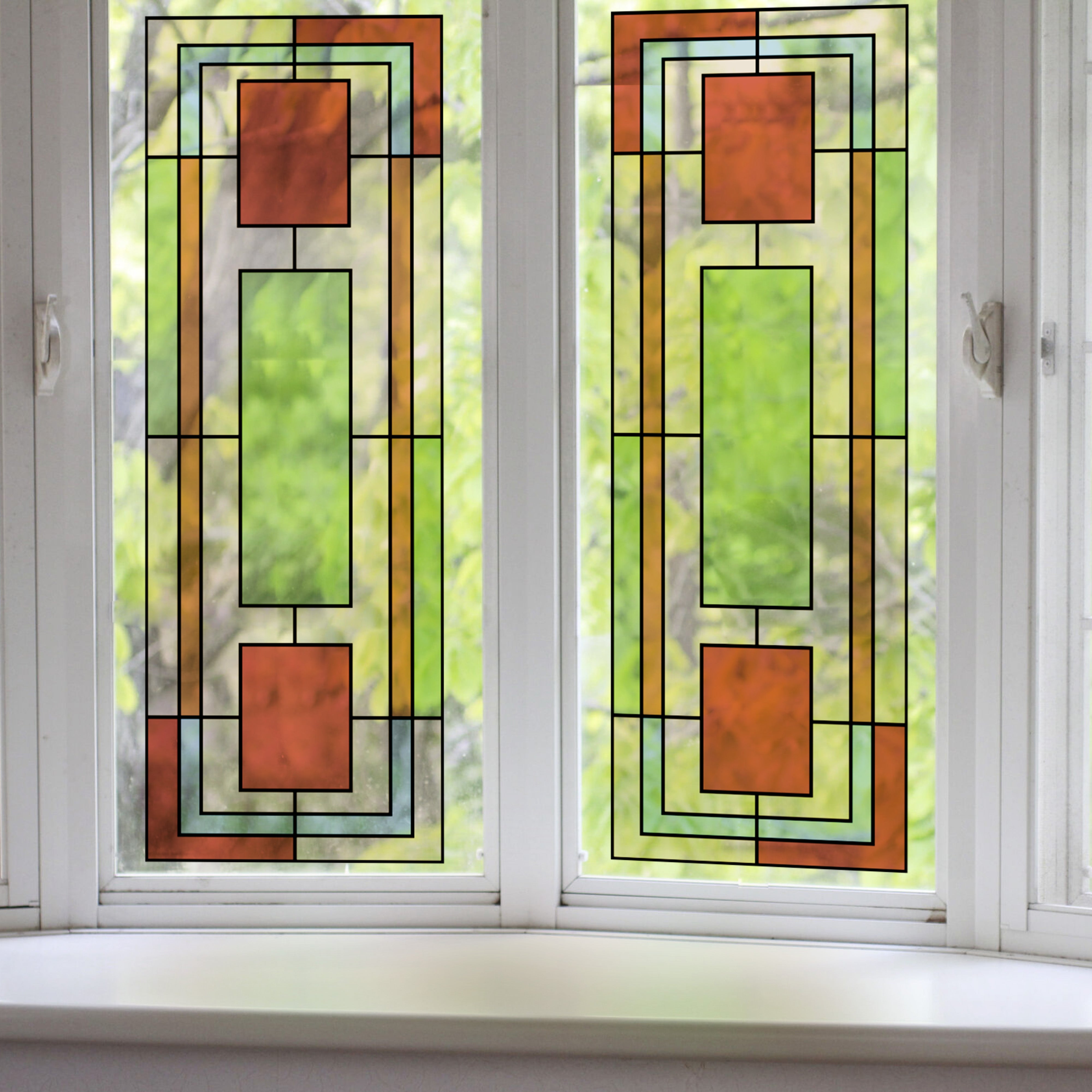 Sticker électrostatique pour vitre, illustration forme géométrique, effet  vitrail dans les couleurs marron, vert et bleu, 67 cm X 47 cm