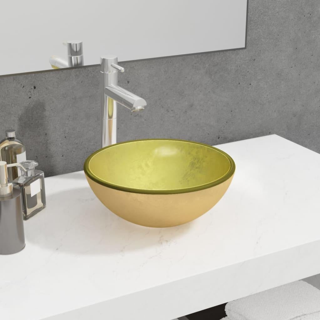 Spazzolone + Tazza In Vetro Temperato Zama - Rifinita Color Oro - Montaggio A Parete