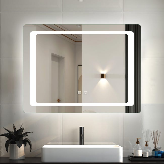 secuencia contacto Adoración Espejo baño rectangular con led 90 x 65 cm, 2 botón tátil, antivaho | Leroy  Merlin
