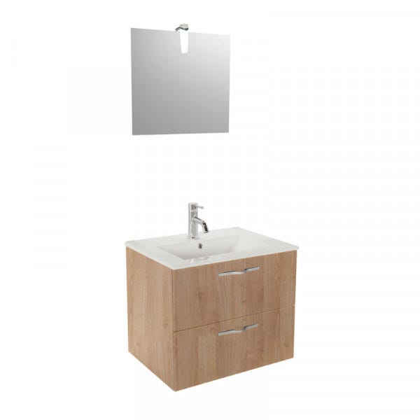 Ensemble meubles salle de bain 90 cm Bois + vasque + armoire miroir WADERN  Matière Bois Couleur Bois
