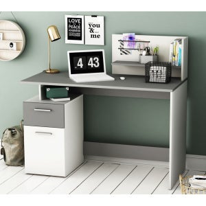 Petit bureau moderne blanc et gris avec 1 porte et 2 tiroirs - PAKAU