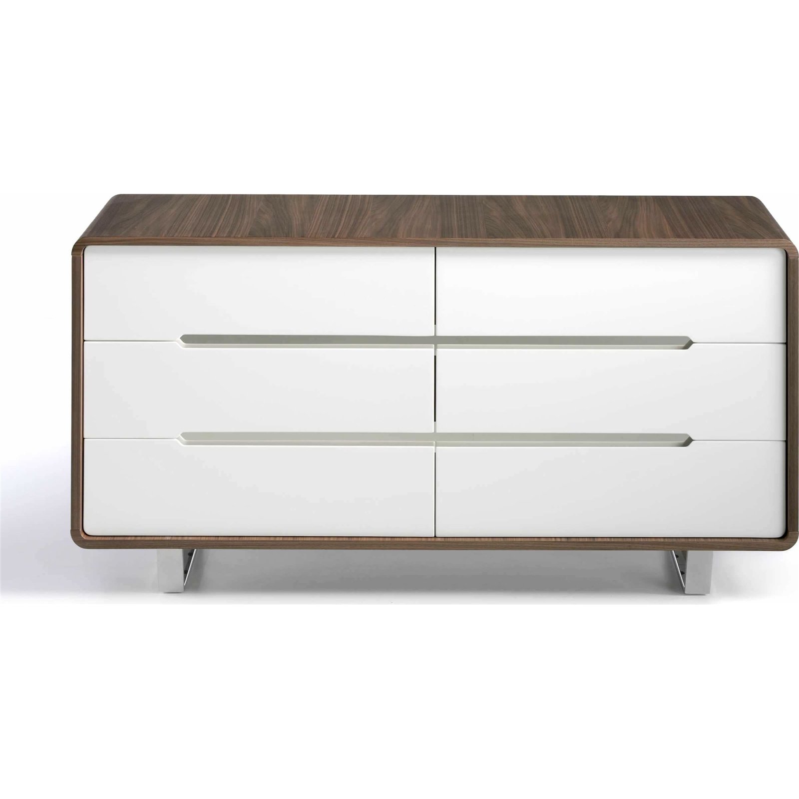 Commode bois 6 tiroirs laqué inserts et pieds acier inoxydable chromé