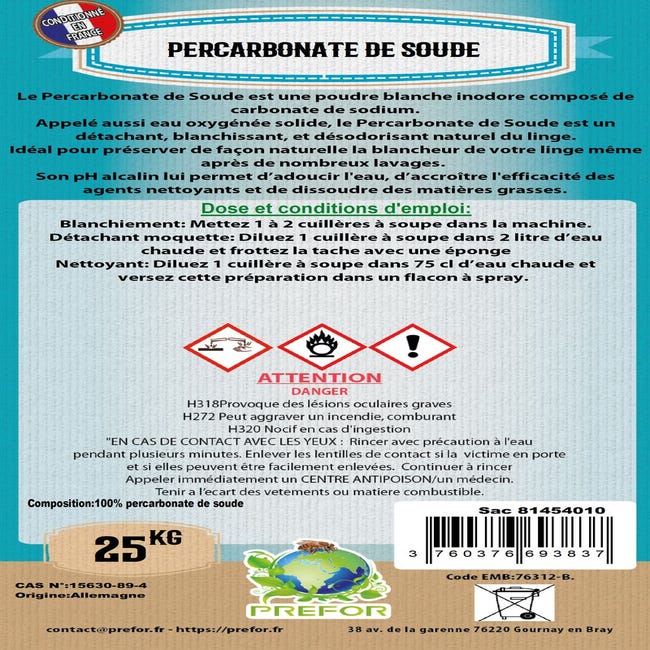 Percarbonate de soude 15 kg PS15 : Nettoyants ménagers naturels et