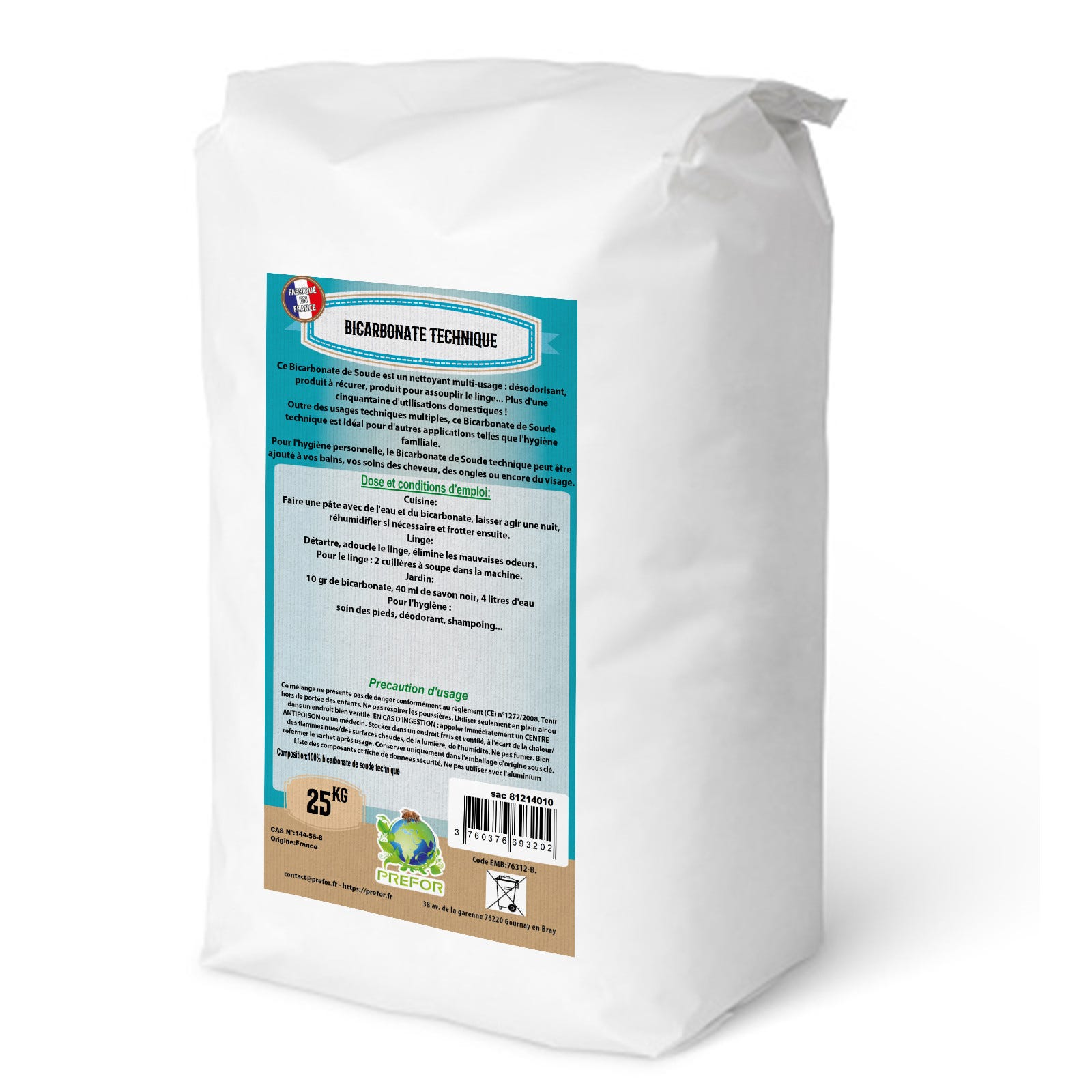 Bicarbonate de sodium en sac de 25 kg (bicarbonate de soude)
