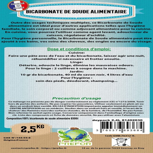 Bicarbonate de soude alimentaire Doypack 2.4L 2.5kg