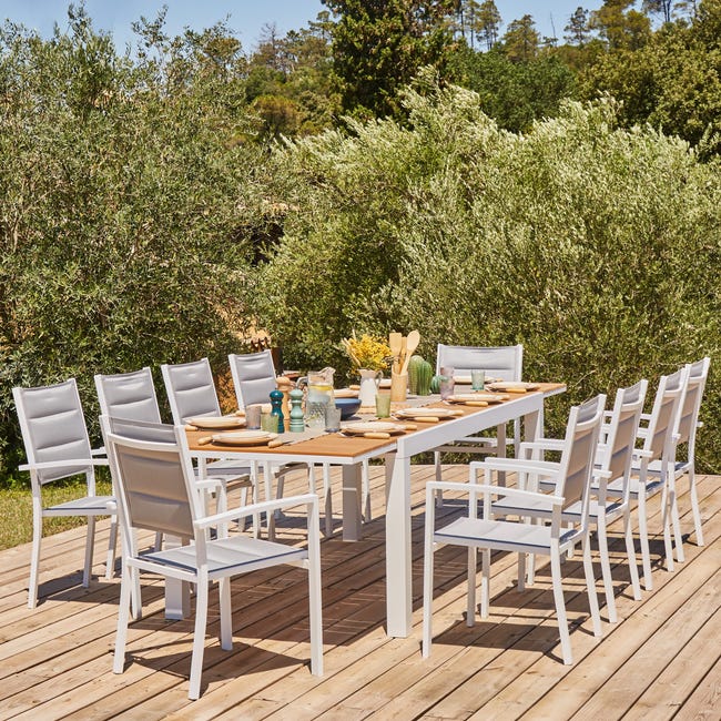 Set tavolo da giardino 230×100 cm e 8 sedie in legno e corda nera ZANZÍBAR
