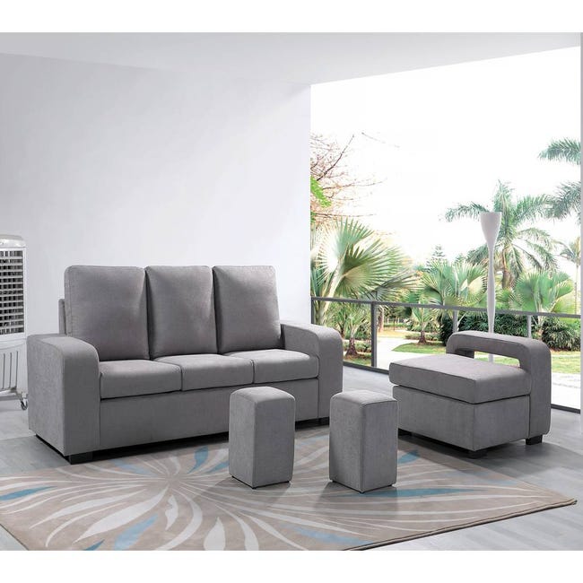Salon 3+2 avec Pouf Convertible Mobilier moderne, coloris gris foncéKit-M