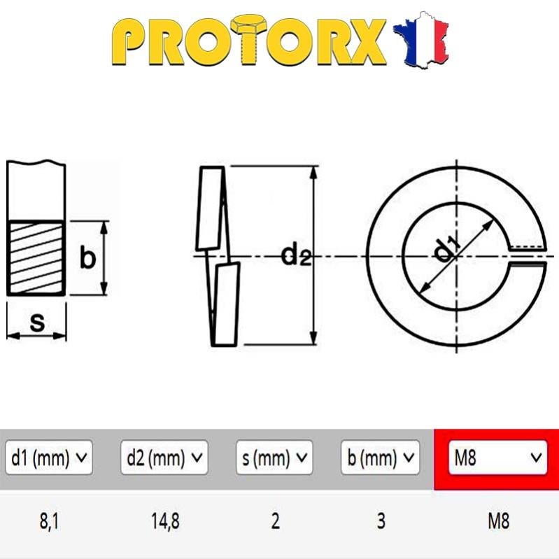 RONDELLE GROWER M8 x 20pcs | Diam. int = 8,1mm x Diam. ext = 14,8mm | INOX A4 (Acier Marin) - Usage Exterieur-Intérieur | Norme DIN127B - 2