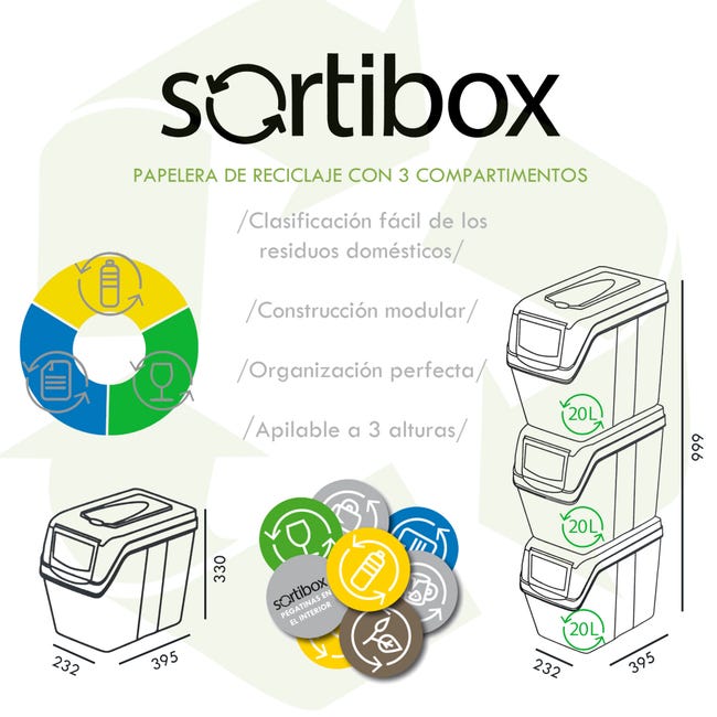 WellHome- Cubos de reciclaje ecológico con 3 compartimentos. Cubos de basura