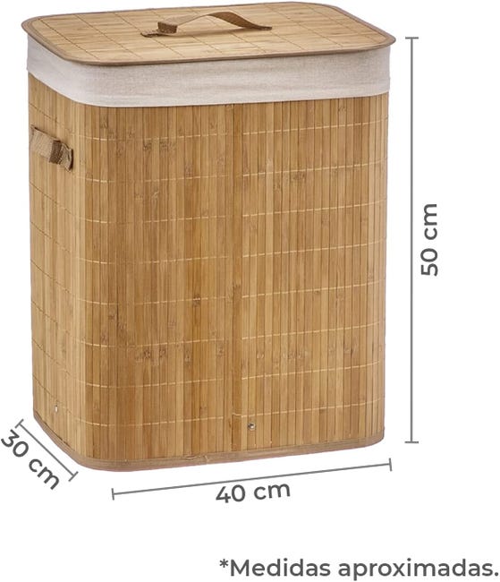 TIENDA EURASIA - Cesto ropa Sucia Fabricado en Bambu y Tela, 40 x 50 x 30  cm, 60 litros