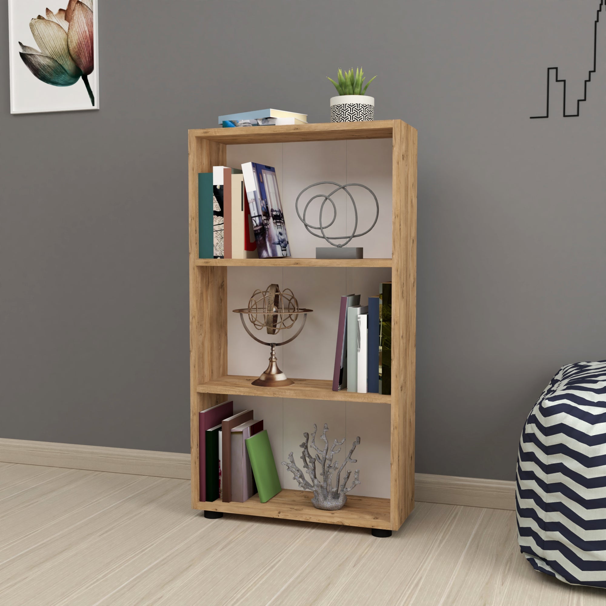 Librería vara de 3 niveles aglomerado 106 x 55 x 20 cm roble [en.casa]