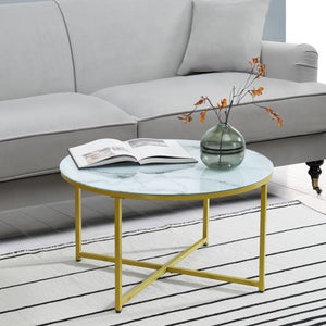 Tavolo da salotto rotondo in ferro battuto dorato in foglia oro con 2 piani  in cristallo