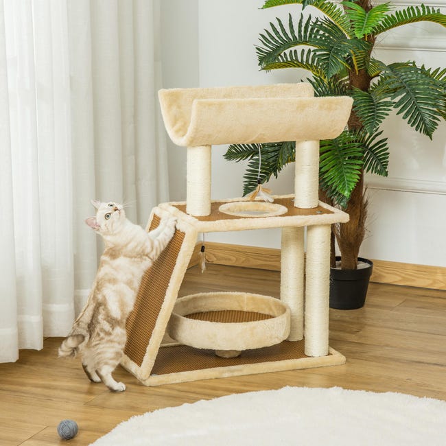 Rascador para gatos con postes rascadores fabricado en madera y
