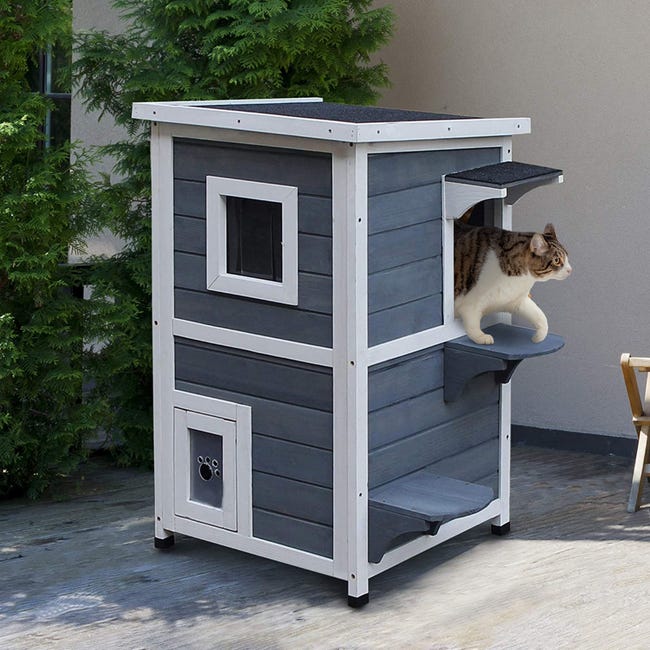 Subir Opaco lector Caseta para gatos de madera exterior PawHut 51x51x81,3 cm gris | Leroy  Merlin