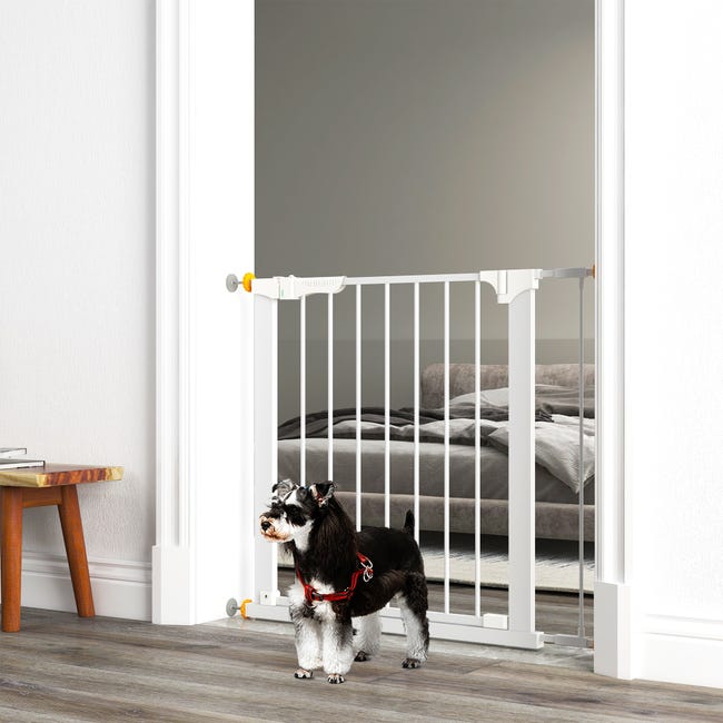 Barrera de seguridad perros con puerta PawHut 74-80x91,4 cm blanco