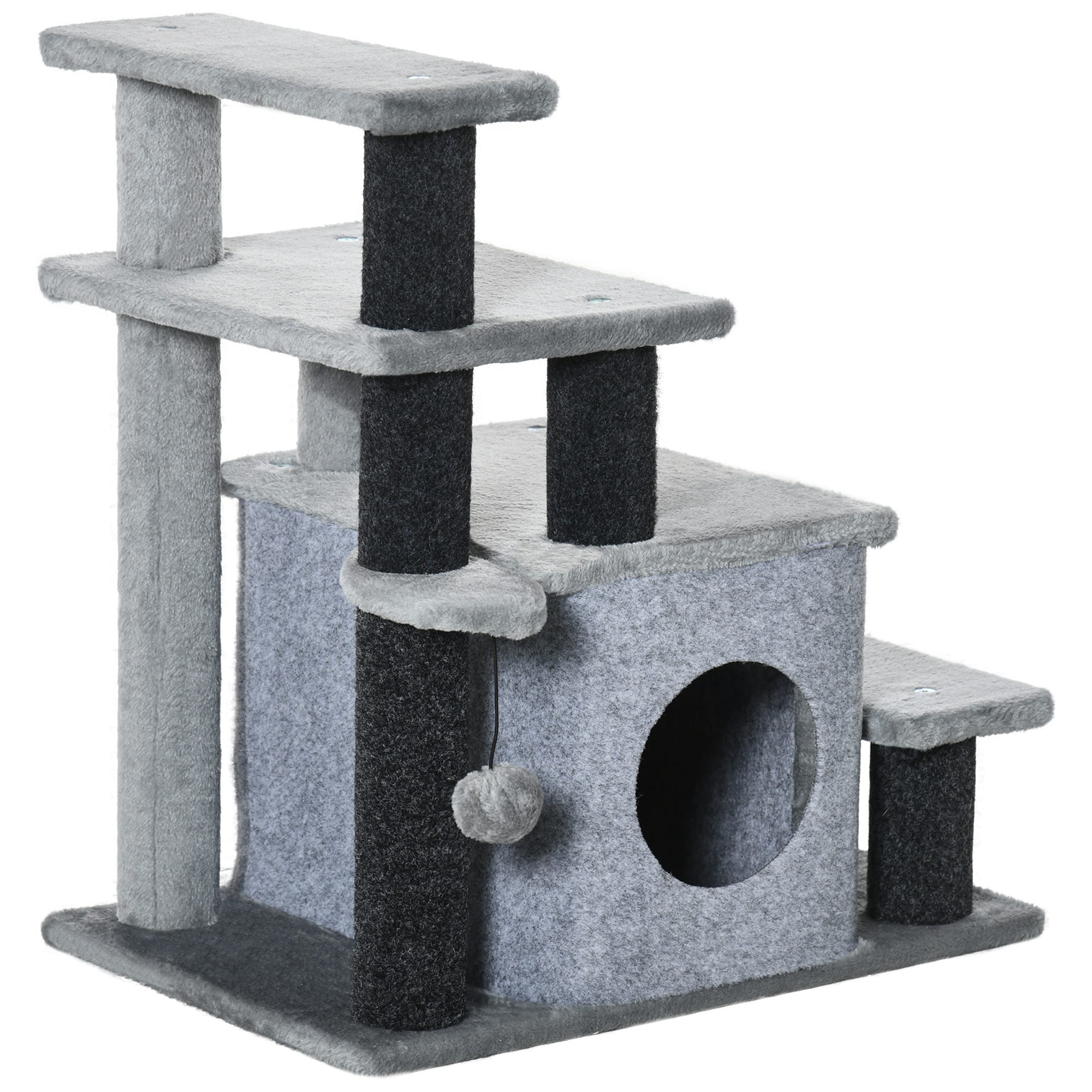 Escalera para gatos de 4 peldaños con caseta PawHut 60x40x66 cm gris