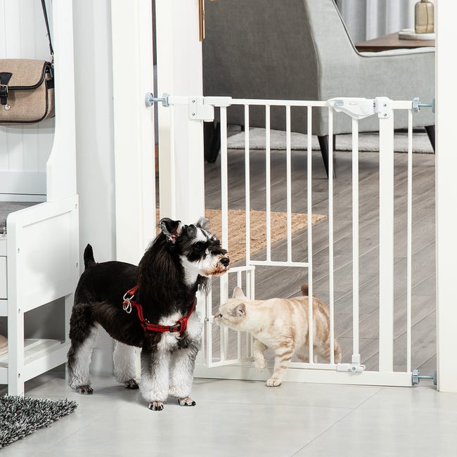 Barrera de seguridad perros con puerta PawHut 74-80x76,2 cm blanco
