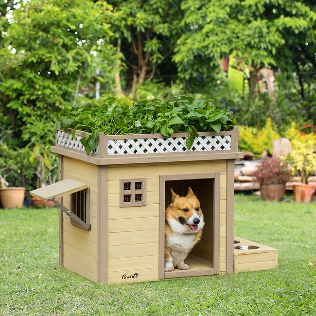 Casa para perros de madera con comedero PawHut 105x65x80 cm natural_D02-080