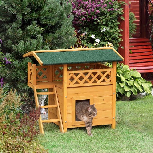 Caseta para gatos de madera con 2 niveles PawHut 77x50x73cm natural