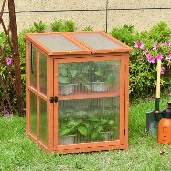 Mini invernadero de jardín Outsunny madera natural 62x63x82 cm_845-372