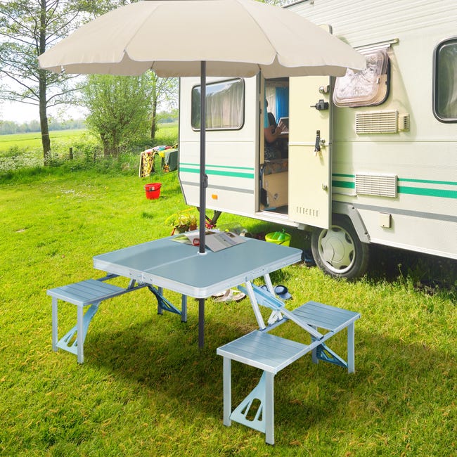 Mesa de picnic plegable portátil con 4 asientos, mesa de plástico ligero  para acampar al aire libre con sillas, azul