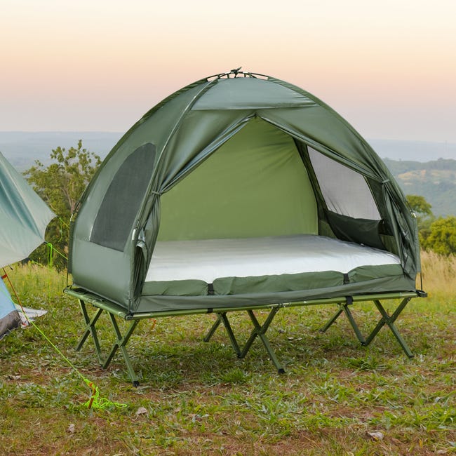 Cama doble de camping plegable con tienda Outsunny 193x145x180cm  verde_A20-087