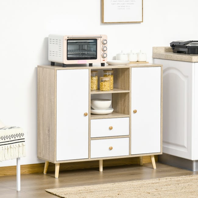 Mueble auxiliar de cocina blanco/natural con 2 puertas, cajón y estantería  de estilo nórdico.