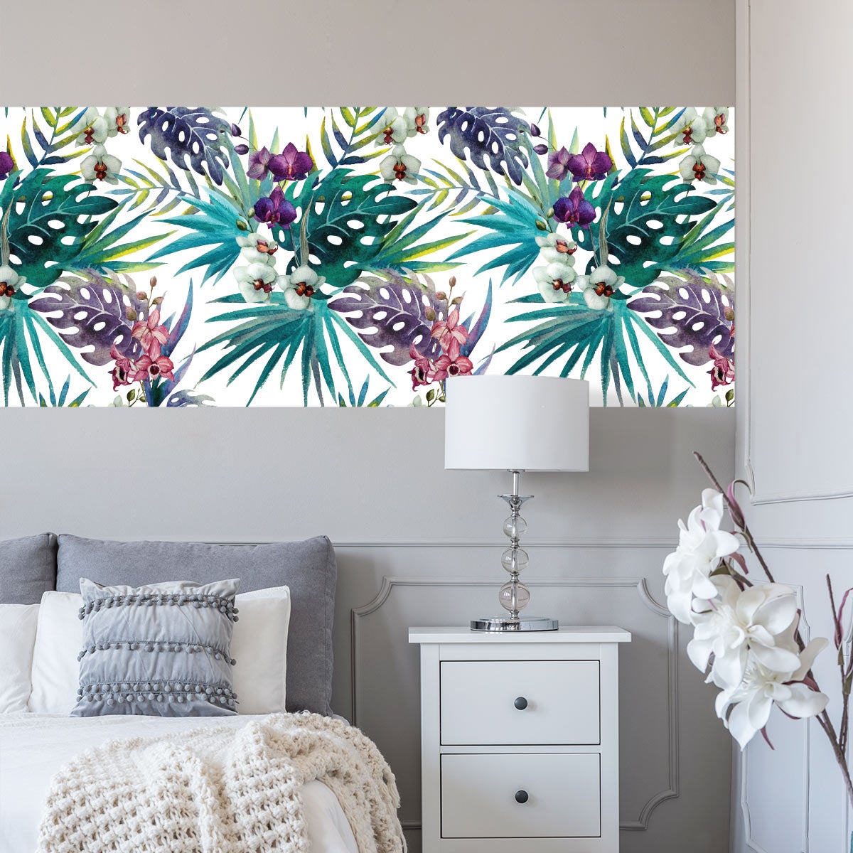 Papel pintado autoadhesivo de PVC con diseño de flores tropicales, hojas de  palma, pampas, hierba, lunaria, sin costuras, para pared, póster de pared