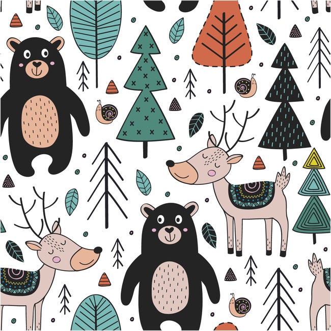 Vinilo papel tapiz de niños animales del bosque encantado - adhesivo de  pared - revestimiento sticker mural decorativo - 60x60cm
