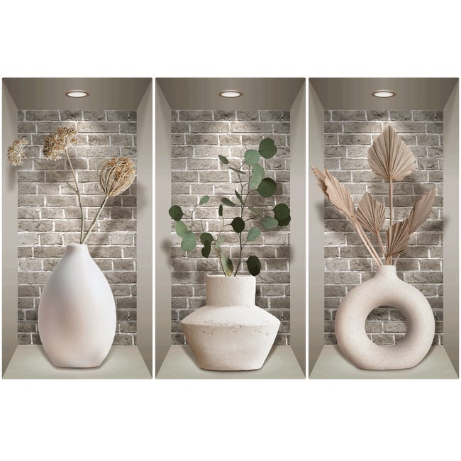 DOUSELLA Lot de 3 stickers muraux 3D en vinyle pour salon, vases, plantes  vertes, décoration murale 3D, plantes avec vase, 40 x 20 cm :  : Cuisine et maison