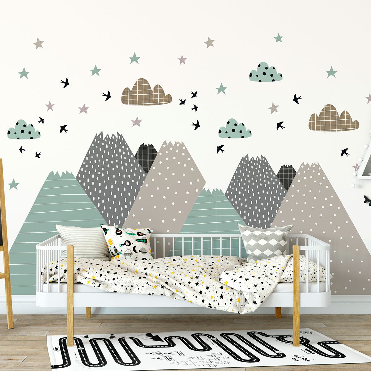 Stickers muraux enfants - Décoration chambre bébé - Autocollant Sticker  mural géant enfant montagnes scandinaves SARKA - 50x75cm