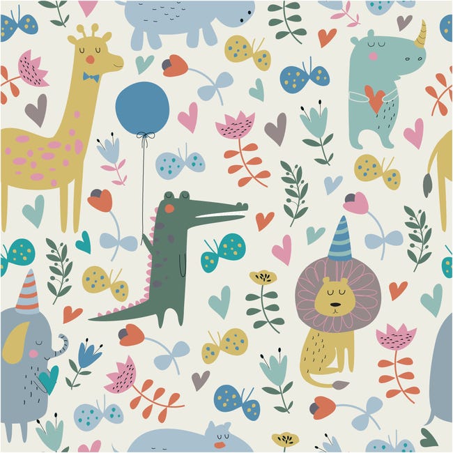 Vinilo papel tapiz de niños sonrientes animales de la selva - adhesivo pared  - sticker revestimiento - 60x60cm