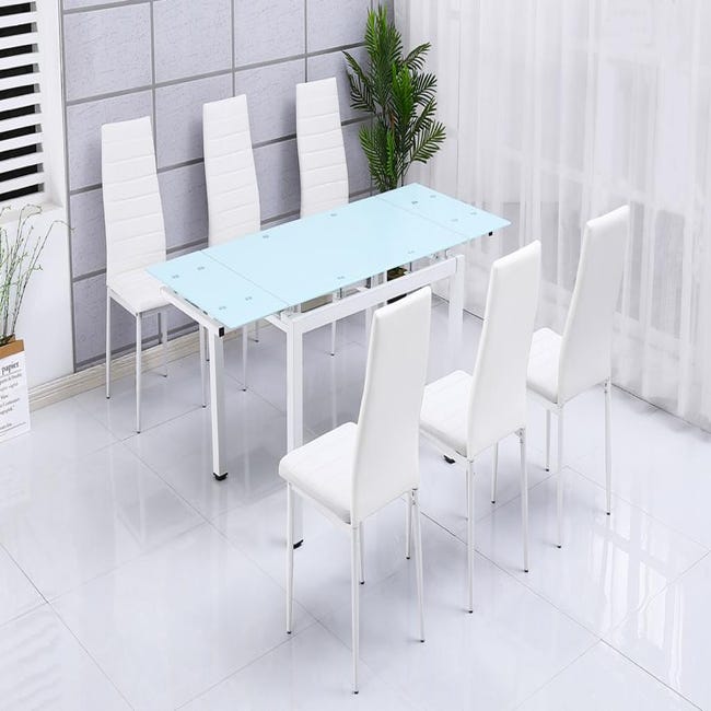 Mesa extensible cristal templado 170X70cm 110X70cm con 6 sillas cristal  templado color Blanco