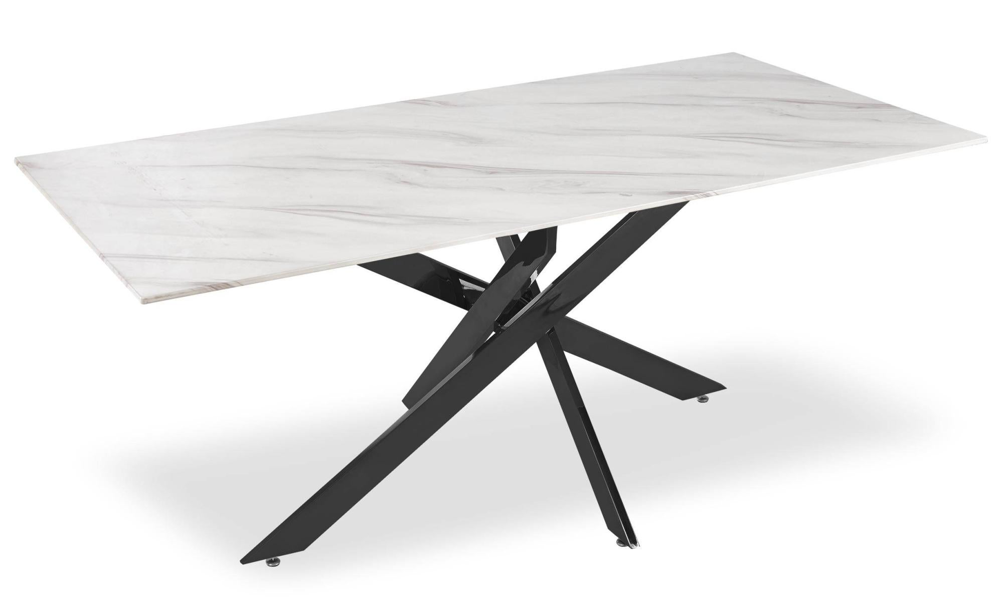 Table à manger Naelle en Verre effet marbre blanc et pieds Métal Noir