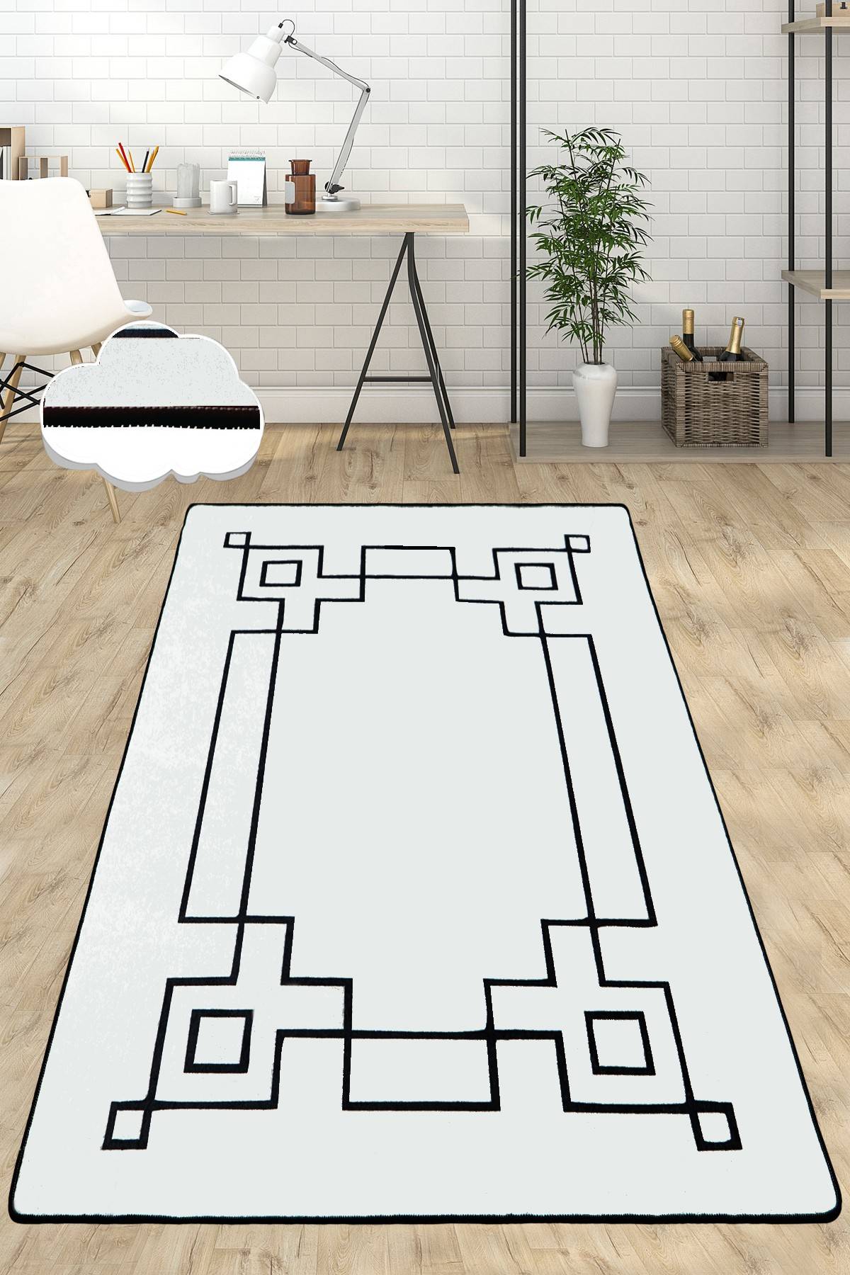 Tapis Abad 100x200cm Velours Motif Géométrique Blanc et Noir