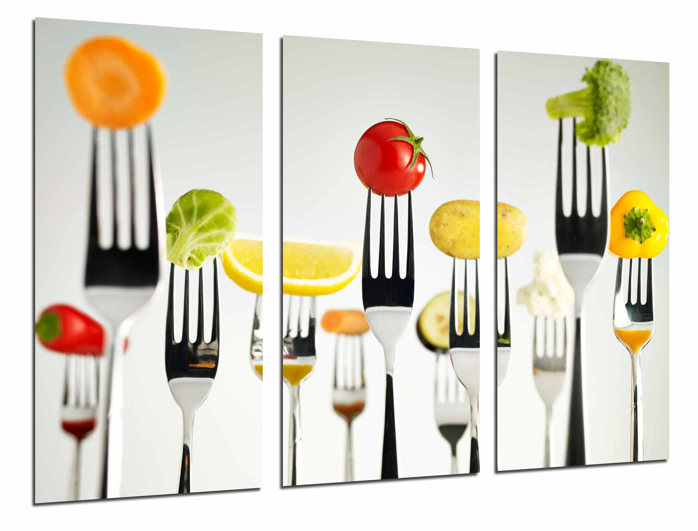 Cocina Restaurante, Tenedores Fruta Verdura, Blanco, impresión fotográfica  sobre madera, cuadro moderno decorativo