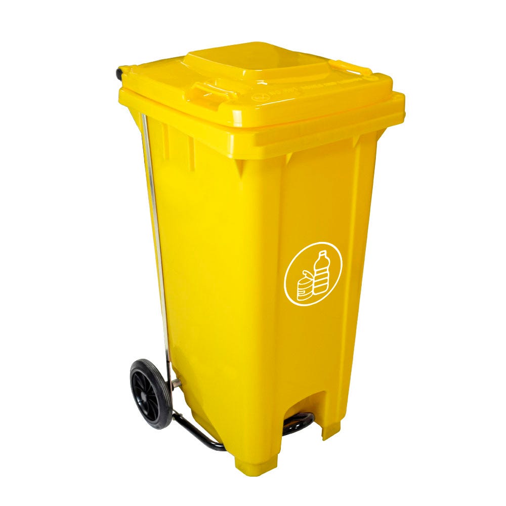 Contenedor Basura Reciclaje 120 litros con Pedal, Ruedas y Mango  Antideslizante - Cubo Residuos Industrial - Apilable y Resistente  (Amarillo) TECNOL