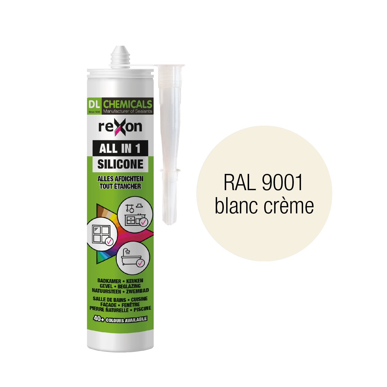 Silicone REXON Tout usage 290ml - Blanc crème RAL 9001 - Mastic d'étanchéité  extérieur et intérieur - Mur / Fenêtre / Porte - Bois / Pierre / Vitre