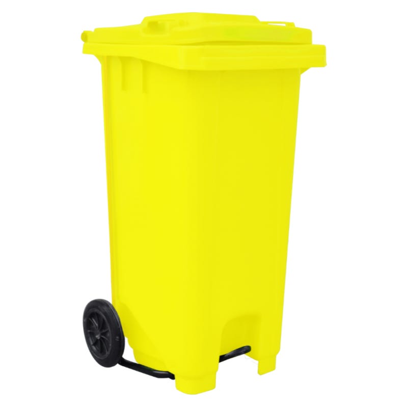 Cubo de basura con ruedas en plástico, volumen de 240 litros, amarillo