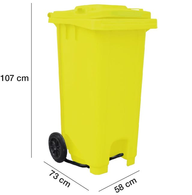Contenedor Basura Reciclaje 240 litros con Pedal, Ruedas y Mango  Antideslizante - Cubo Residuos Industrial - Apilable y Resistente  (Amarillo) TECNOL